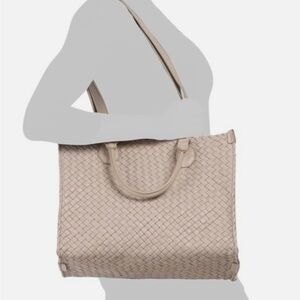 NWOT FALOR Taupe Italian Woven Soft Leather Shoulder Tote w/ 4 Straps F2754 RARE